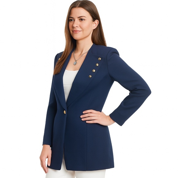 ๐งฅ St. John by Marie Gray Navy Blue Blazer with Engraved Gold Buttons - Picture 2 of 9